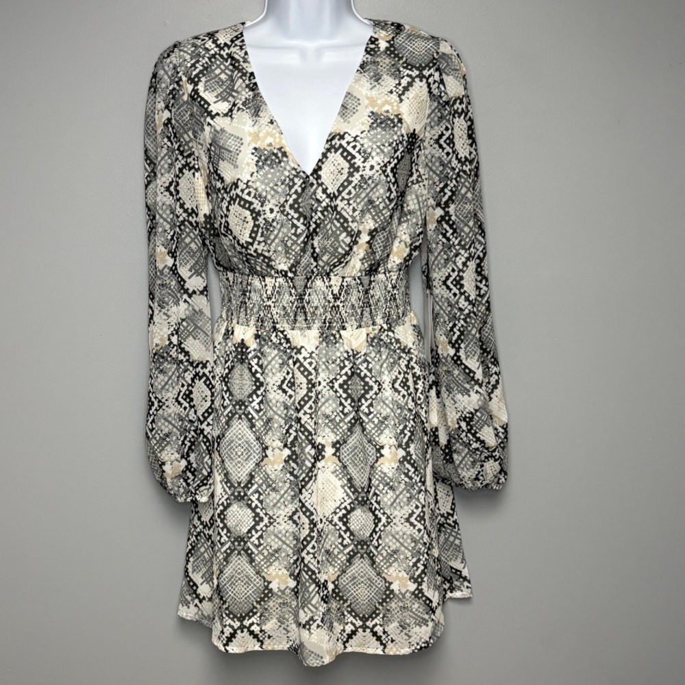 NWTBoho Snake Skin Print Neutral Semi Sheer Puff Long Sleeve Mini Dress Sz M
